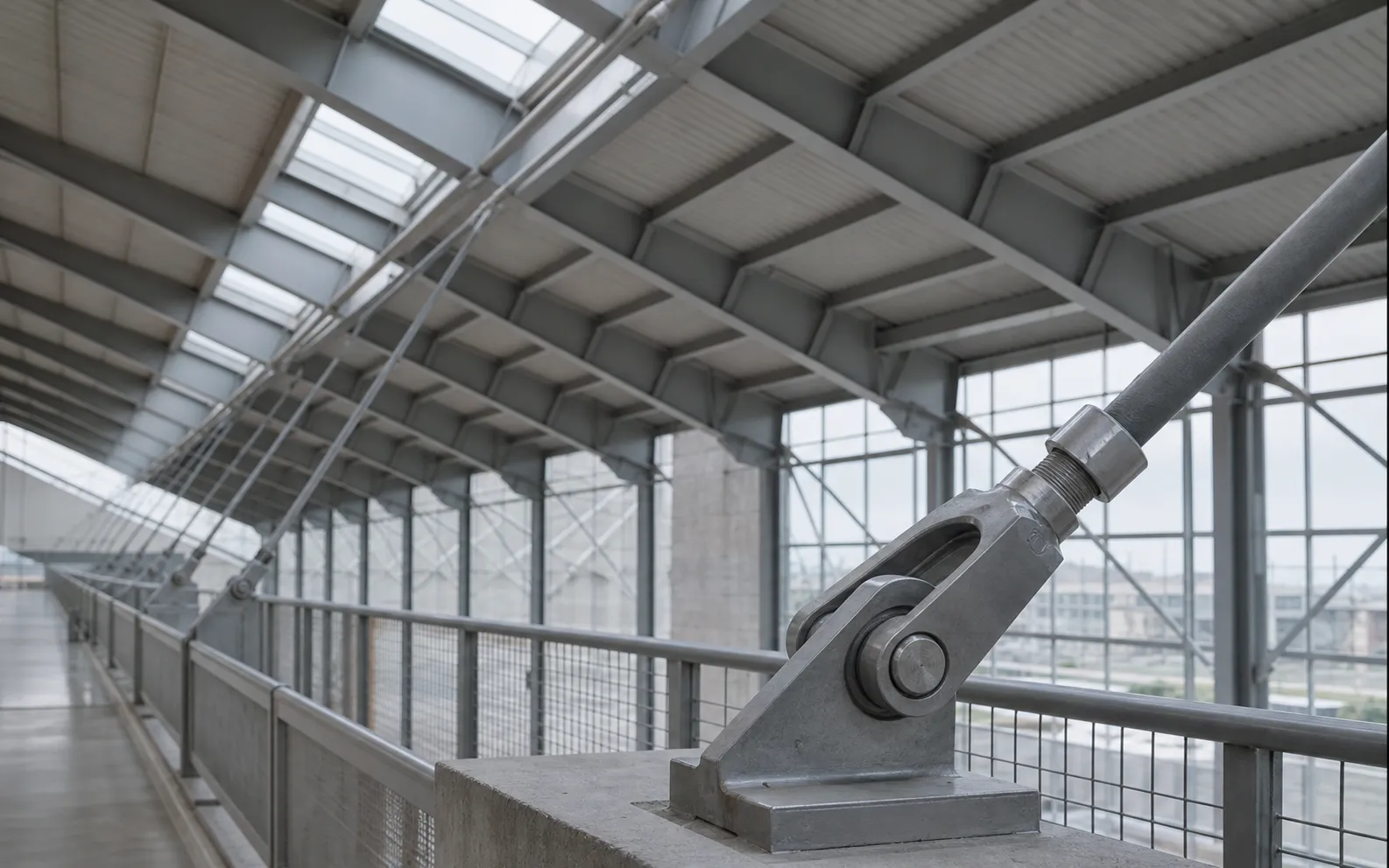 Long-span roof structure with exposed steel tension rods, fork ends, and couplers