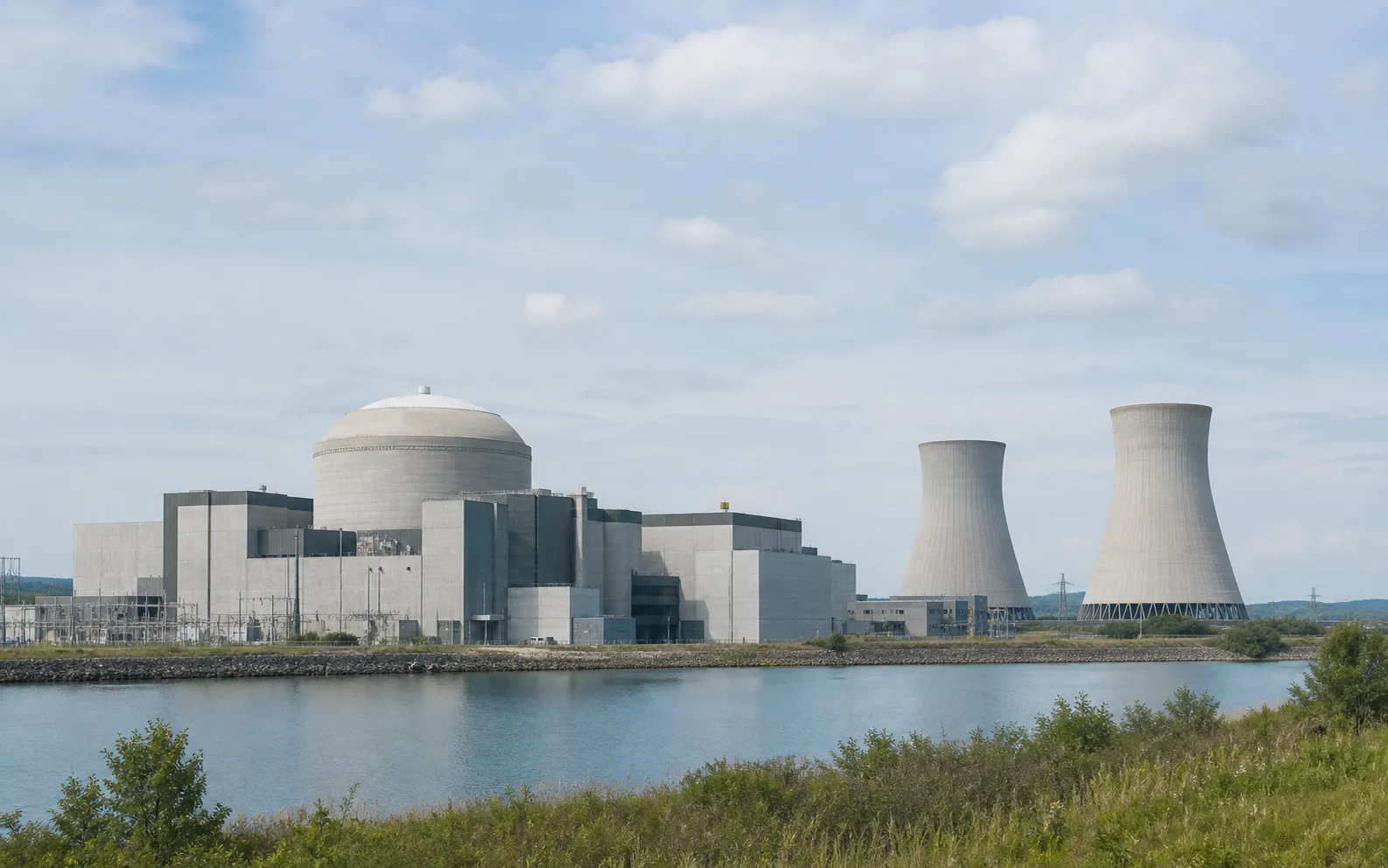 Neutral exterior view of a nuclear generating facility showing containment and cooling infrastructure