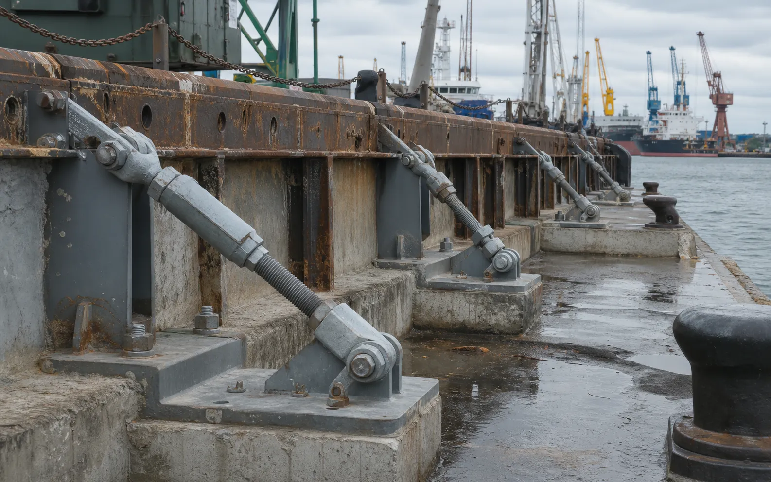 Working quay wall and cargo port with heavy marine anchorage hardware visible in the foreground