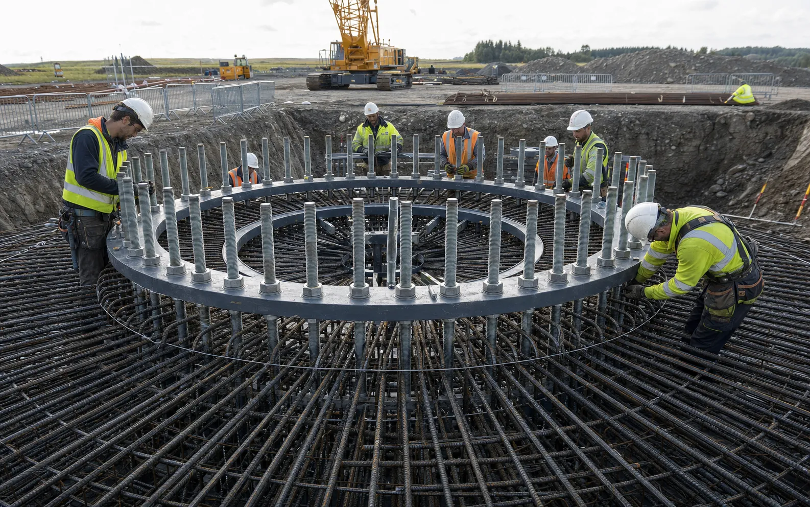 Workers installing a circular steel anchor cage in a reinforced wind-turbine foundation excavation