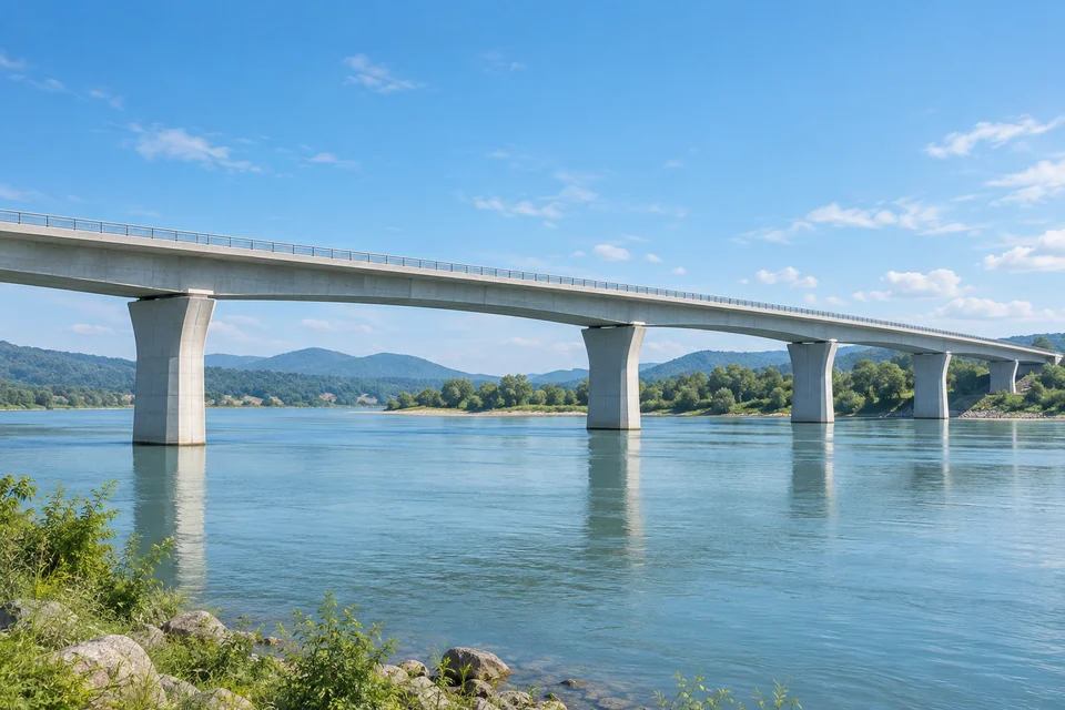 Scene illustration of a modern concrete bridge spanning water