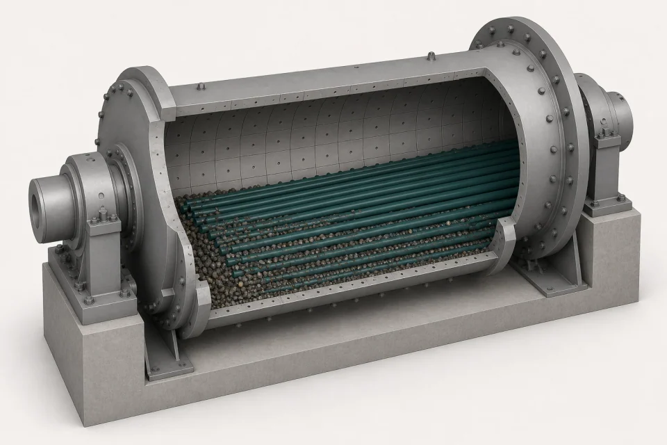 Cutaway concept of loose rods and ore inside a rod mill, with the shell, liner and supporting bearings