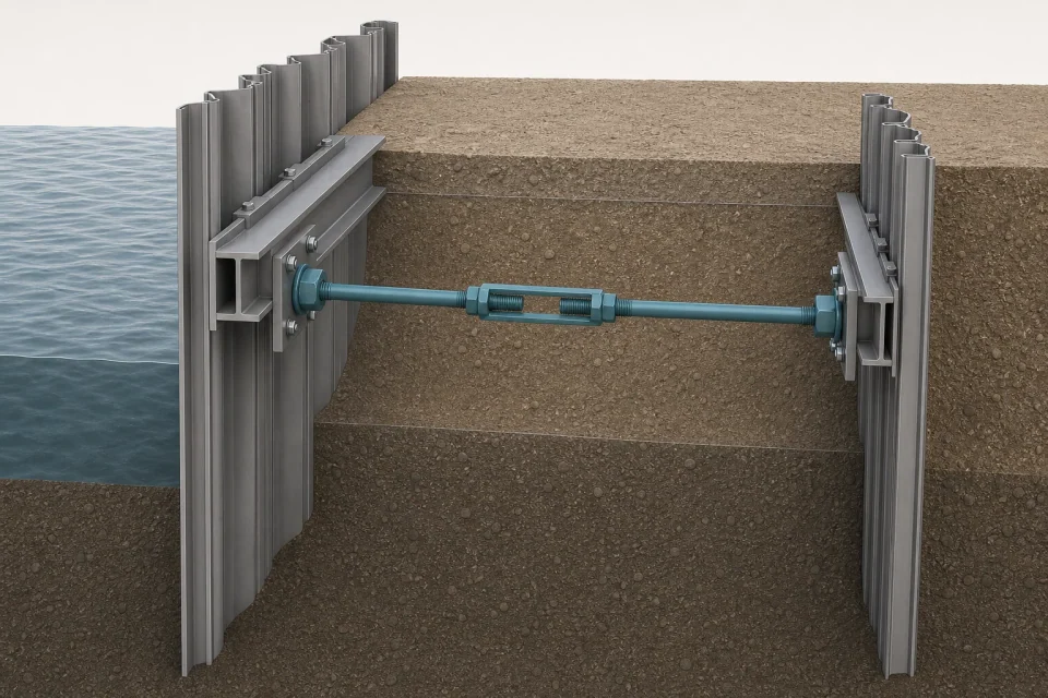 Concept illustration of quay-wall ties, anchorage and connections