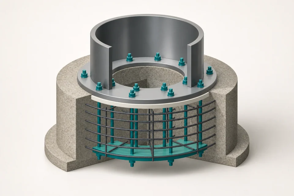 Concept illustration of wind turbine foundation anchor rods, plates and template