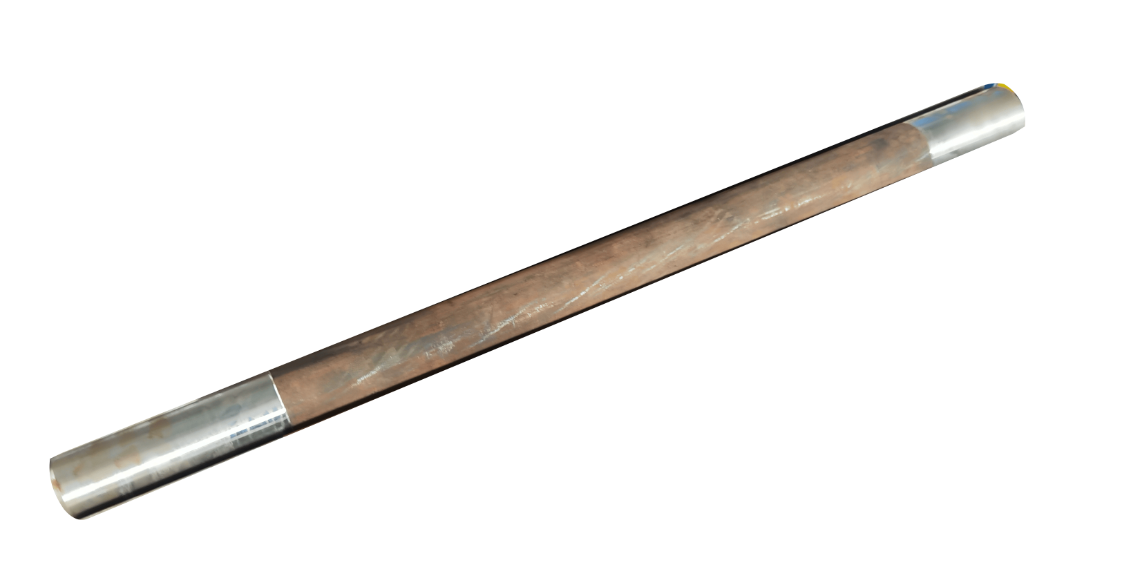 One complete prepared steel bar with smooth end sections, isolated from the original photograph