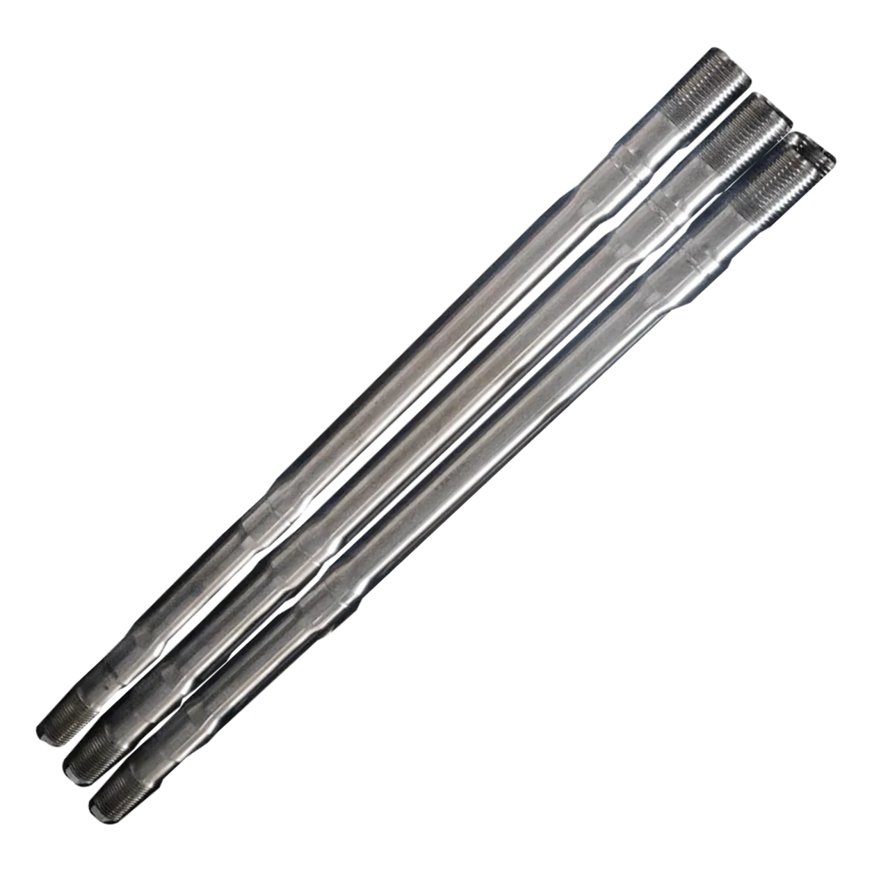 Photograph: three parallel steel studs with threads at both ends