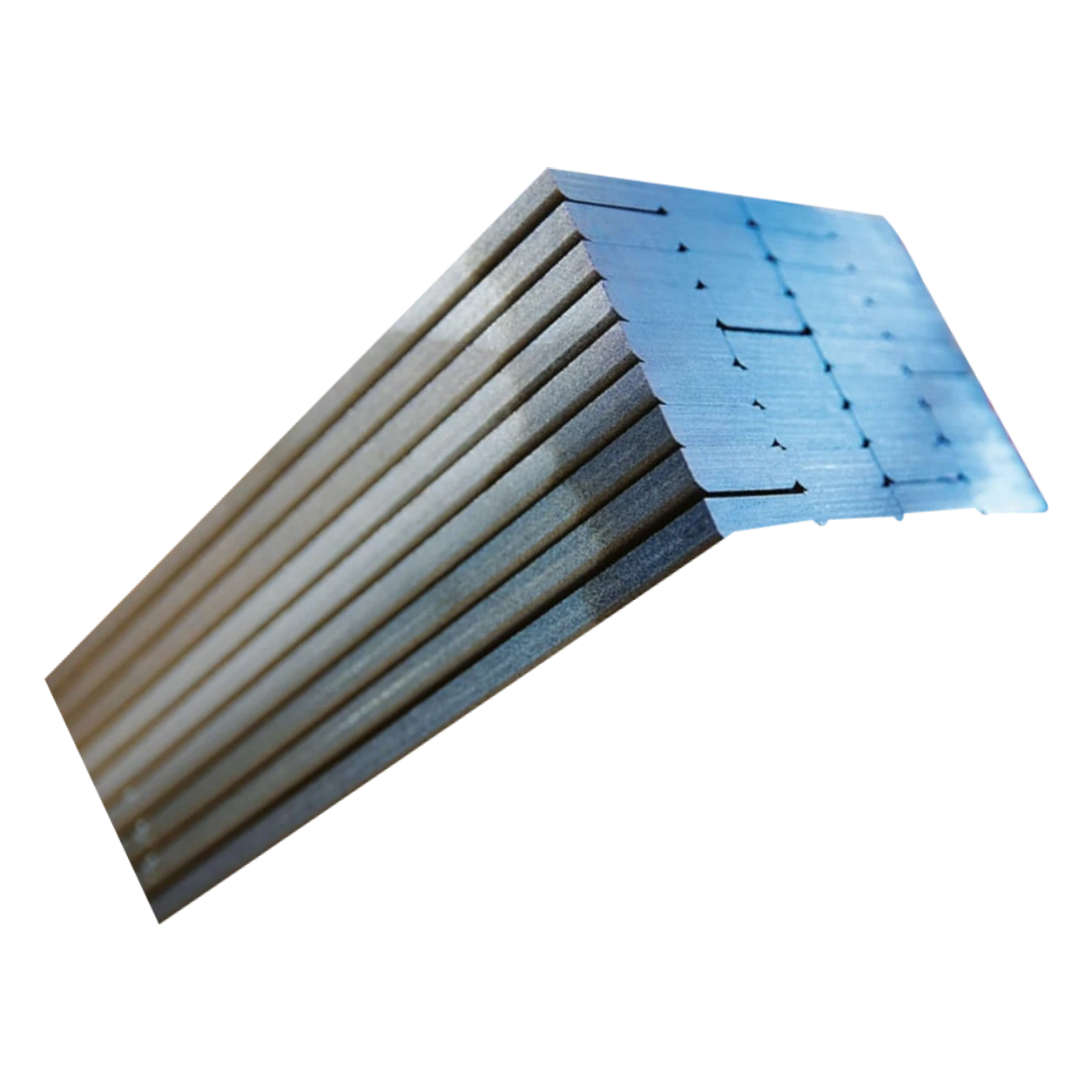Photograph: stacked flat steel bars with blue end markings