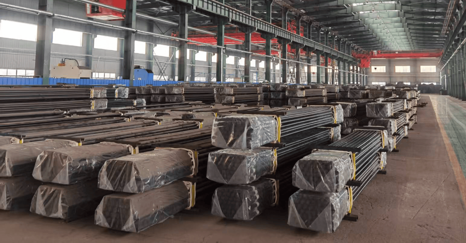 Wrapped steel-bar bundles arranged in a warehouse