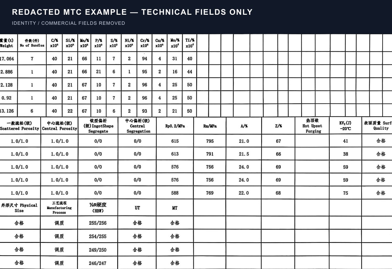 Redacted MTC example showing technical batch test fields