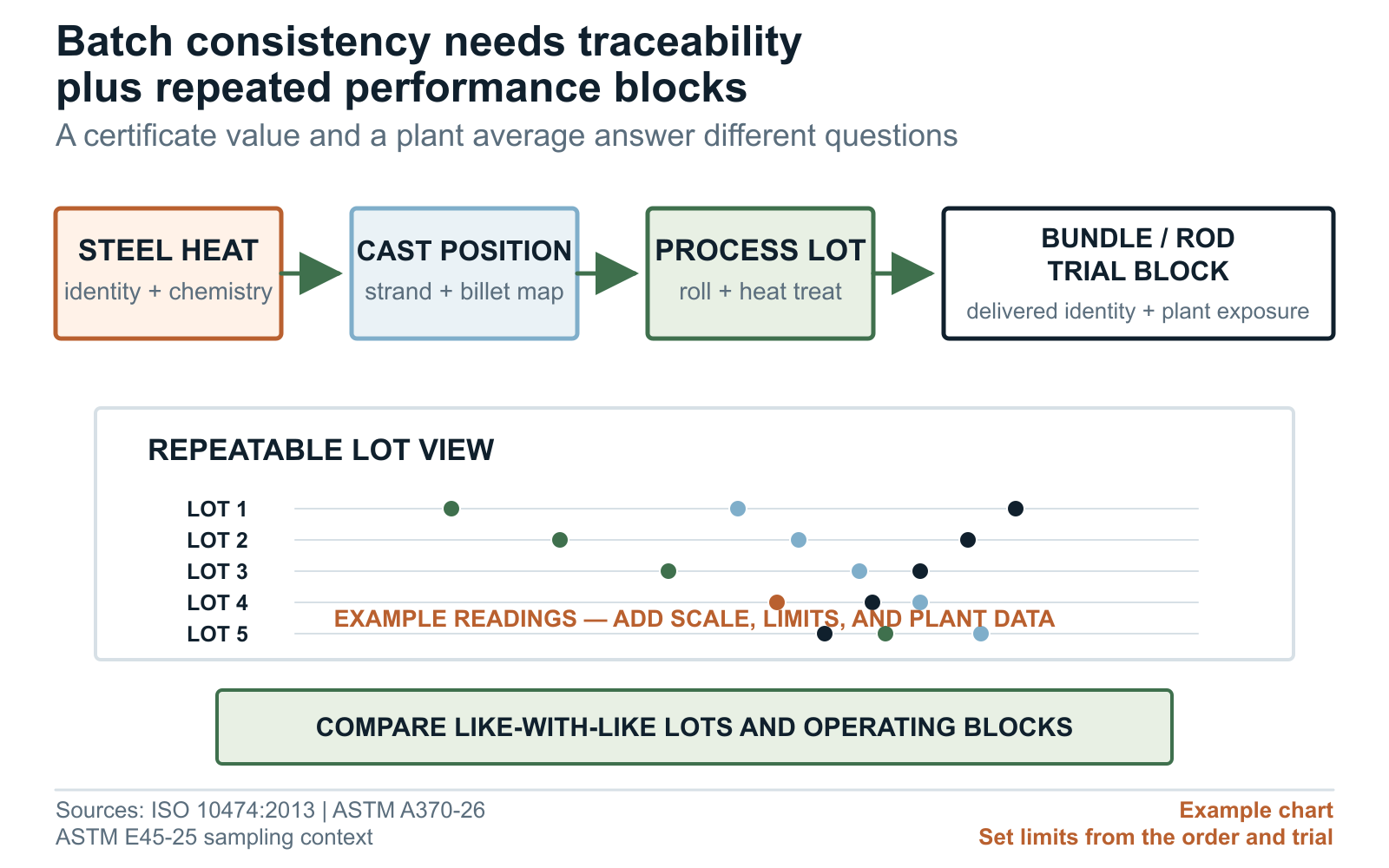 Grinding rod batch consistency map linking steel heat, cast position, process lot, bundle, piece, and plant trial block