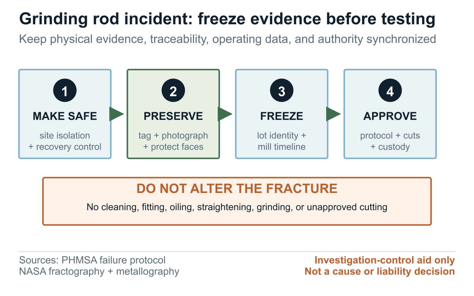 Grinding rod failure evidence freeze workflow from safe recovery to approved laboratory protocol