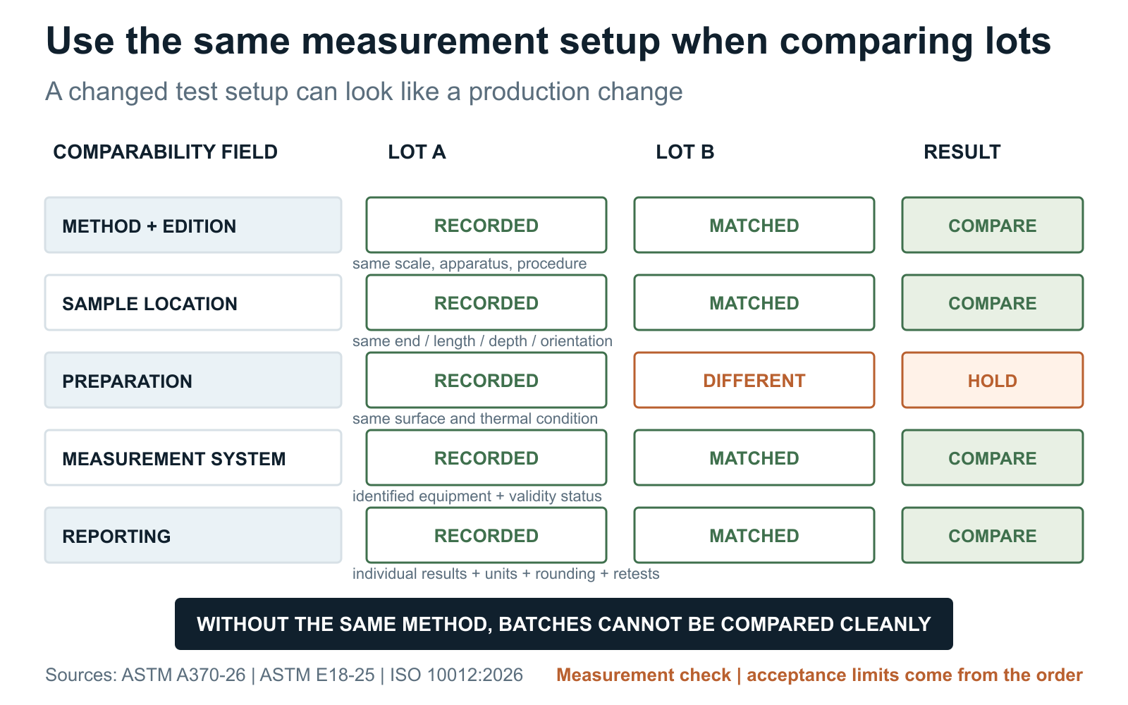 Measurement comparability gate checking method, sample location, preparation, equipment, and reporting before grinding rod lot comparison