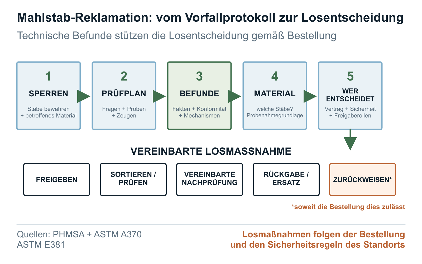 Entscheidungsstufen für Mahlstabreklamation und Losmaßnahmen von der Beweissicherung bis zu Freigabe, Wiederholungsprüfung oder Zurückweisung
