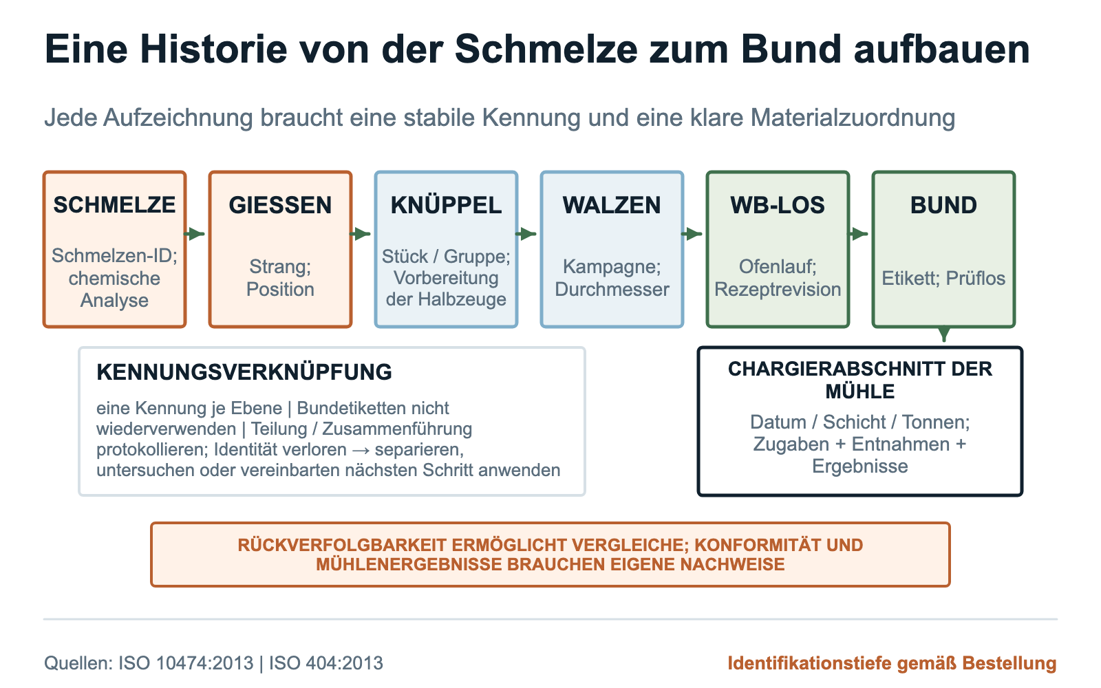 Materialhistorie von Mahlstäben von Schmelze und Gießposition über Knüppel, Walzen, Wärmebehandlung, Prüfung und Bund bis zum Chargierabschnitt der Mühle