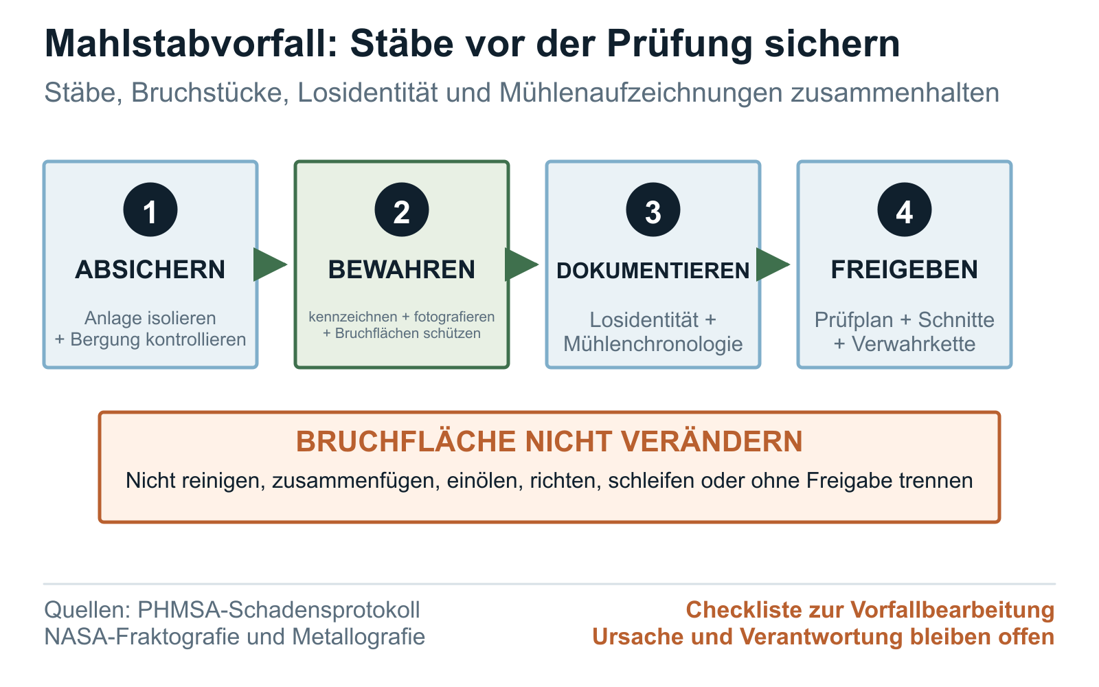 Ablauf zur Beweissicherung bei Mahlstabschäden von der sicheren Bergung bis zum freigegebenen Laborprotokoll