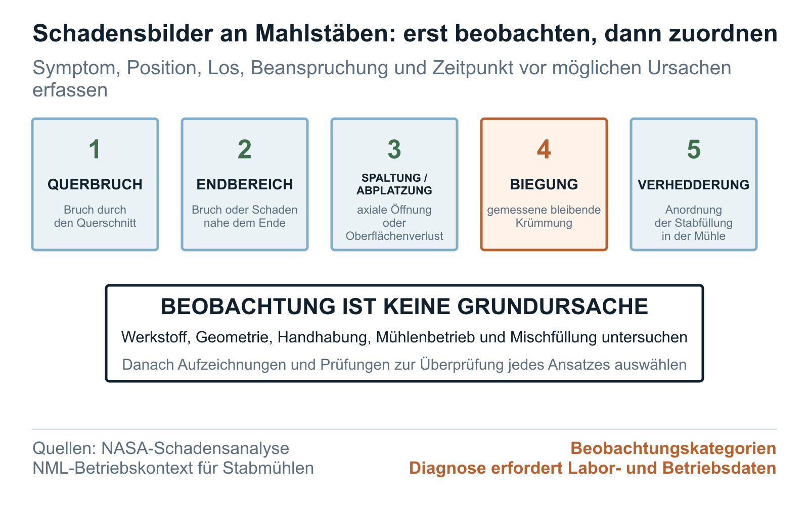 Übersicht der Mahlstabschadensmerkmale: Beobachtungen zu Bruch, Biegung, Abplatzung und Verhakung getrennt von Ursachen