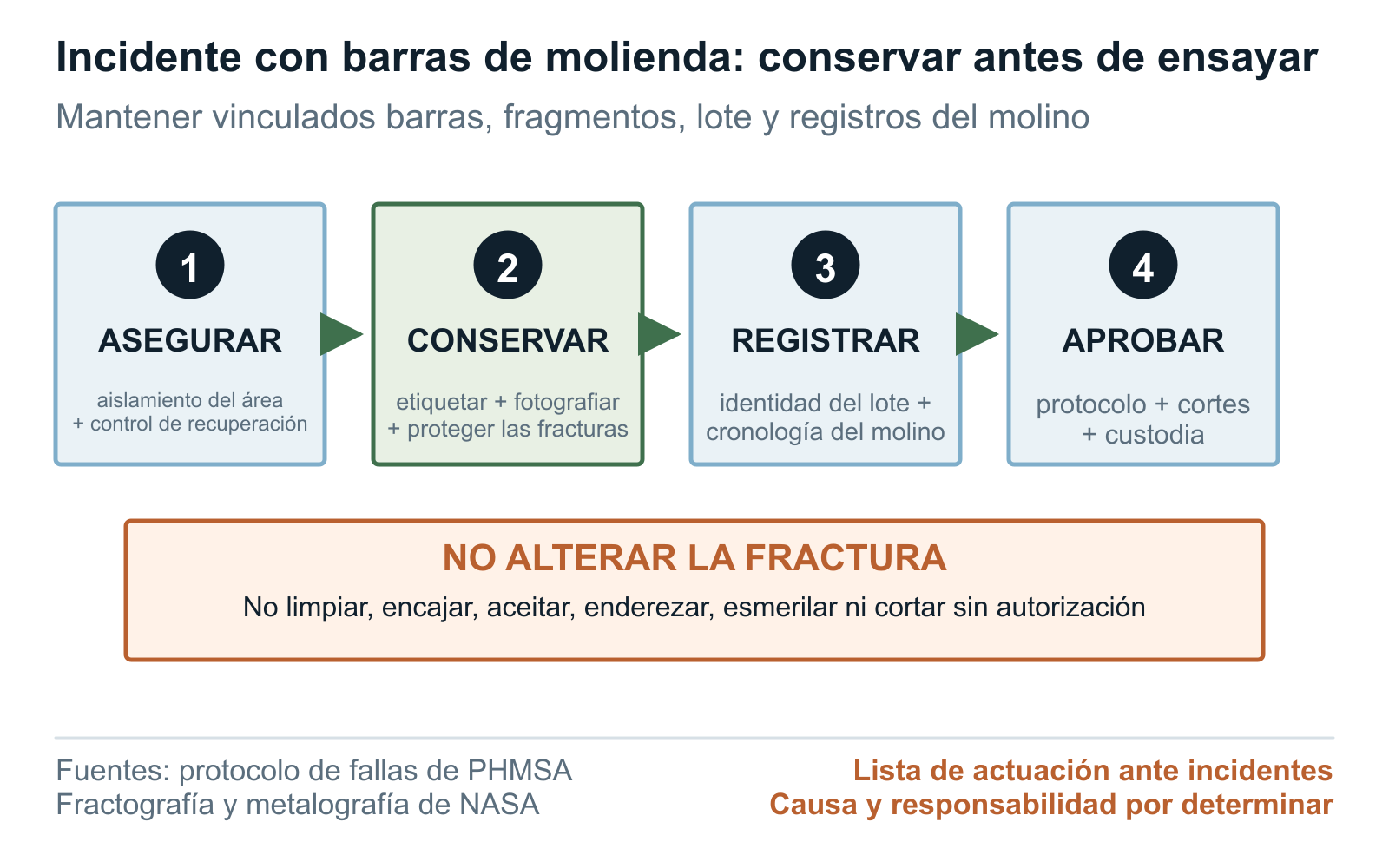 Secuencia de conservación y examen de evidencias de falla de barras de molienda, desde la recuperación segura hasta la aprobación del protocolo de laboratorio
