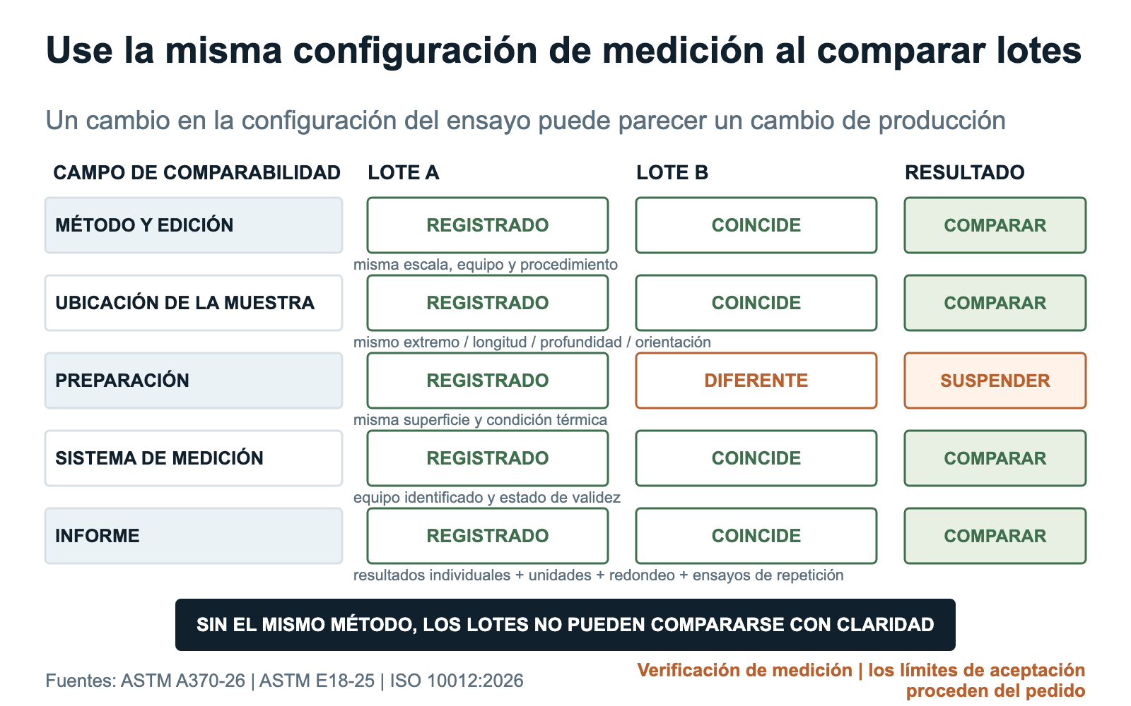 Verificación de la comparabilidad de mediciones mediante método, ubicación de muestra, preparación, equipo e informe antes de comparar lotes de barras de molienda