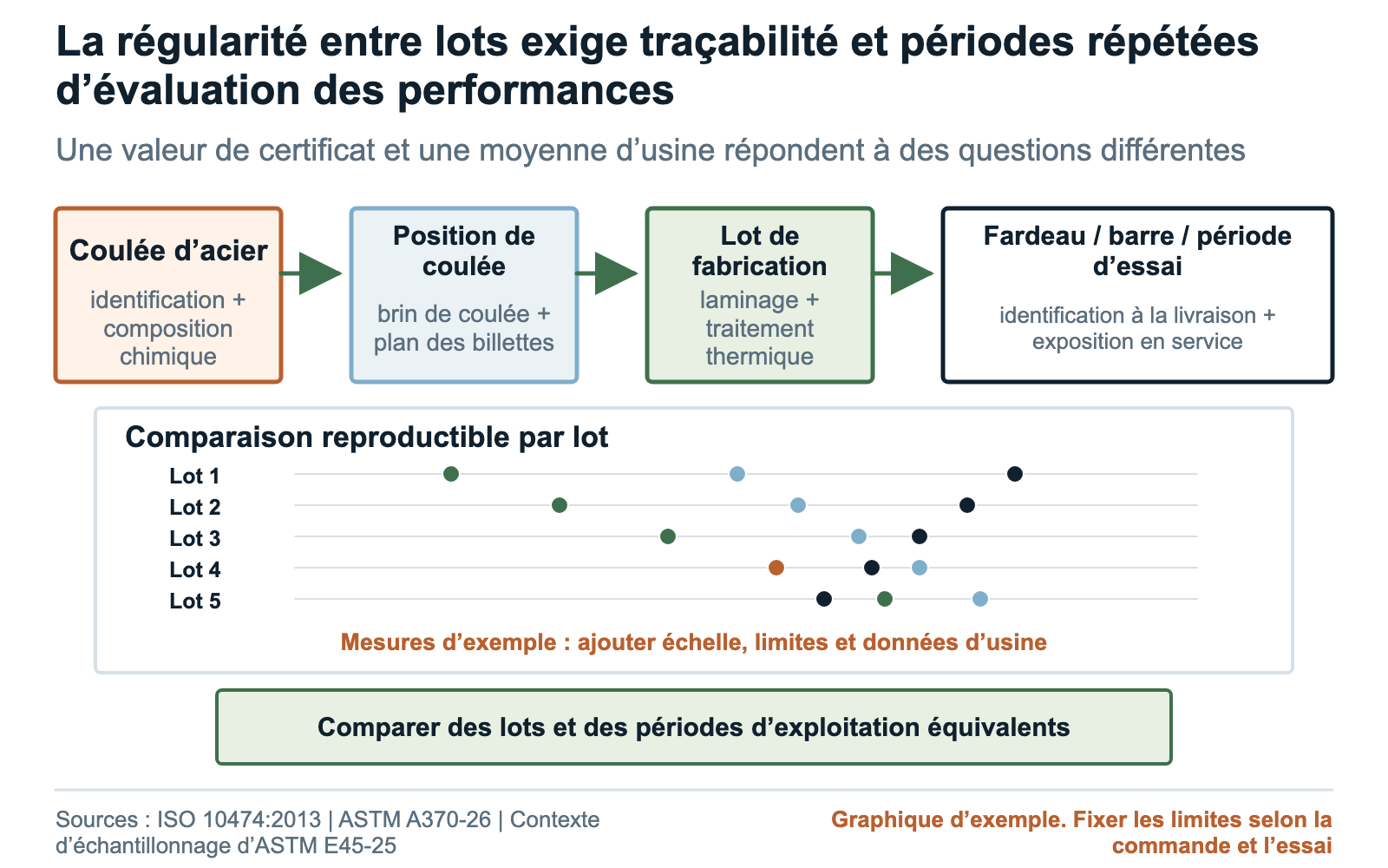 Schéma de régularité des lots de barres reliant coulée, position de coulée, lot de fabrication, fardeau, pièce et période d’essai en usine