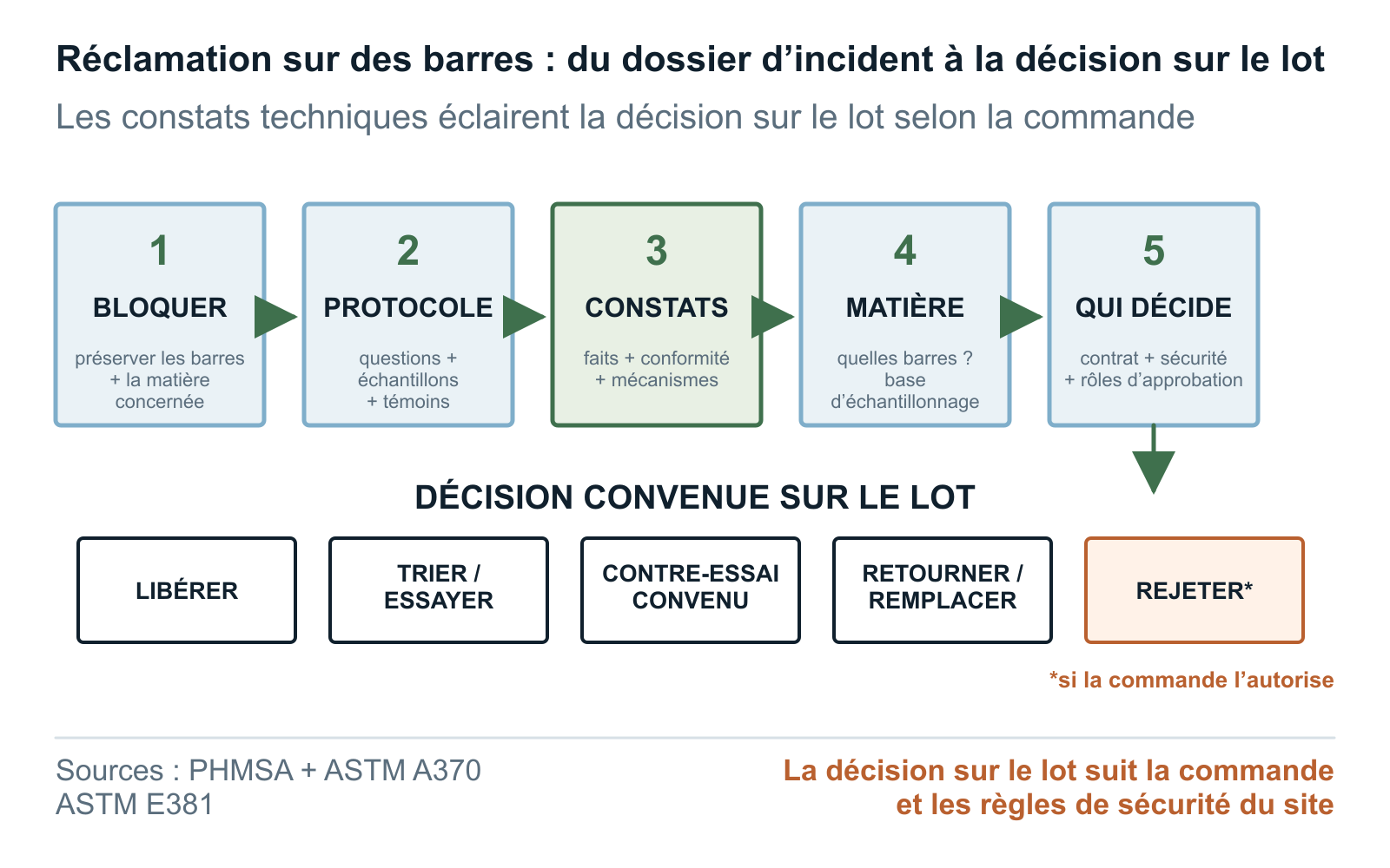 Étapes de réclamation au fournisseur et de décision sur un lot de barres de broyage, du blocage des preuves à la libération, au contre-essai ou au rejet