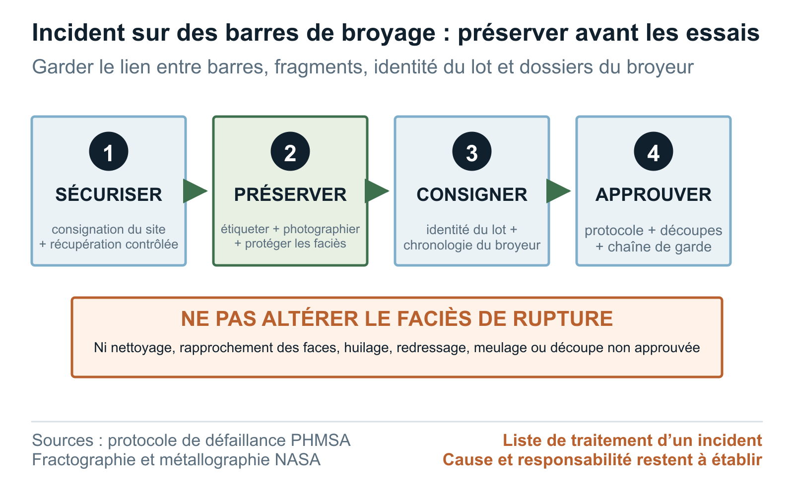 Démarche de conservation des preuves de défaillance des barres de broyage, de la récupération en sécurité au protocole de laboratoire approuvé