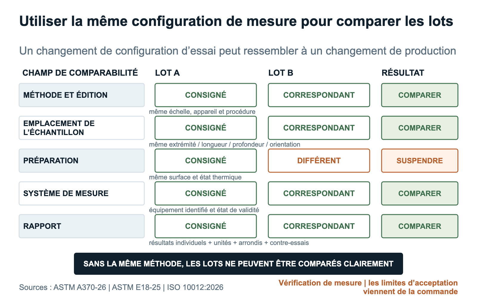 Vérification de la comparabilité des méthodes, positions d’échantillon, préparations, équipements et rapports avant de comparer des lots de barres de broyage