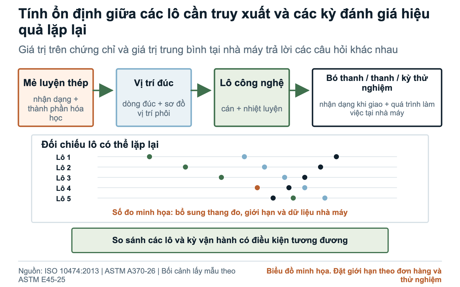 Sơ đồ tính ổn định giữa các lô thanh nghiền liên kết mẻ luyện, vị trí đúc, lô quá trình, bó thanh, từng thanh và giai đoạn chạy thử tại nhà máy