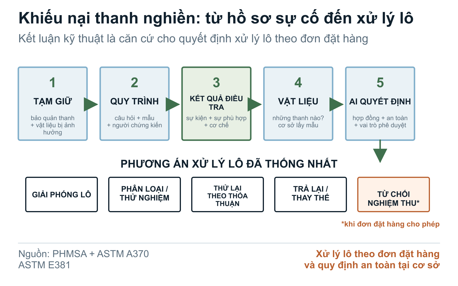 Các bước xem xét khiếu nại nhà cung cấp thanh nghiền và xử lý lô, từ tạm giữ bằng chứng đến cho xuất dùng, thử lại hoặc từ chối nghiệm thu