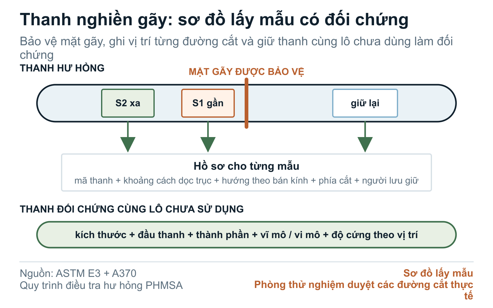 Sơ đồ lấy mẫu thanh nghiền gãy, thể hiện các phần chứa mặt gãy cần bảo vệ, đường đo độ cứng và thanh đối chứng