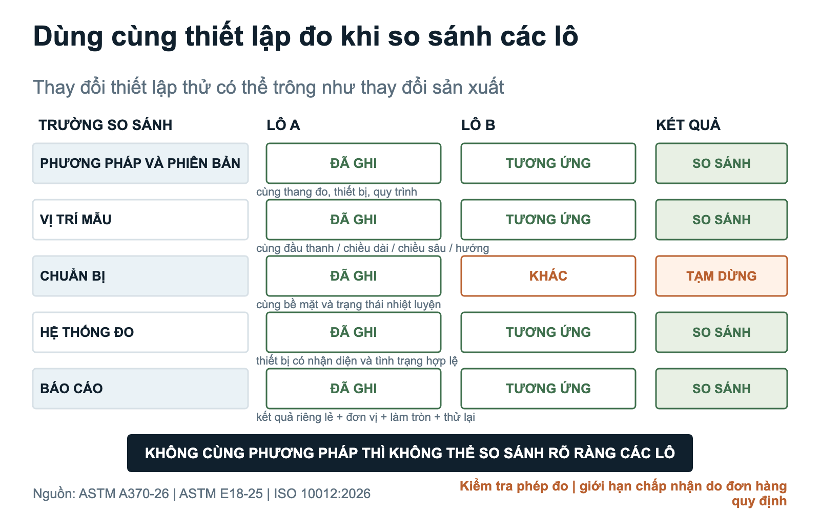 Các điều kiện kiểm tra phương pháp, vị trí mẫu, chuẩn bị, thiết bị và báo cáo trước khi so sánh lô thanh nghiền