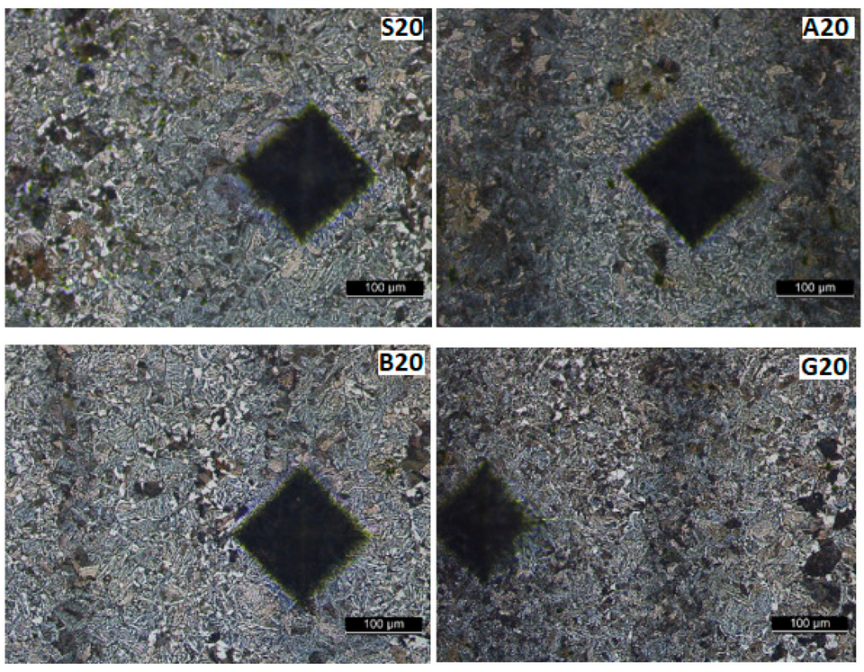 Four micrographs of 42CrMo4 base material with dark Vickers impressions, darker bands and 100 micrometre scale bars.