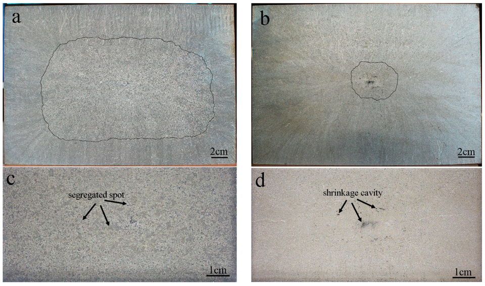 Macroetched billets and their corresponding U-section steel show segregated spots, shrinkage cavities and the sites selected for examination. Image 1 of 2.