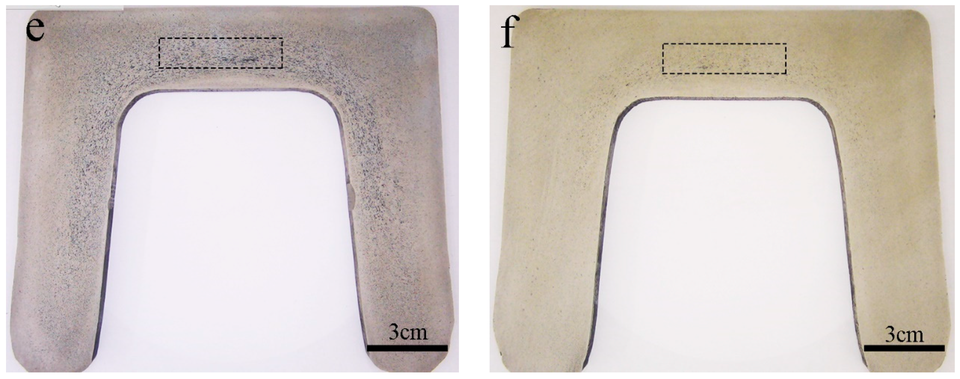 Macroetched billets and their corresponding U-section steel show segregated spots, shrinkage cavities and the sites selected for examination. Image 2 of 2.