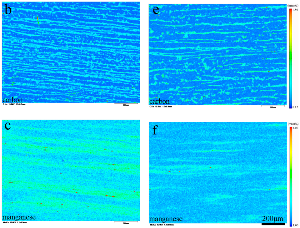 Etched rolled-steel structures sit beside carbon and manganese element maps for experimental Steels 1 and 2. Image 2 of 2.