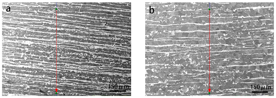 Two micrographs with scan lines and corresponding carbon and manganese concentration plots across ferrite and pearlite. Image 1 of 2.