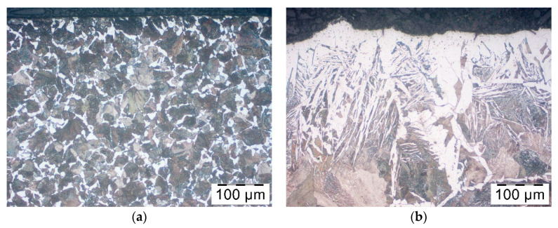 Two C45 cross-sections: the supplied bar at left and a broad light surface region after induction heating at right; both retain 100 micrometre scale bars.