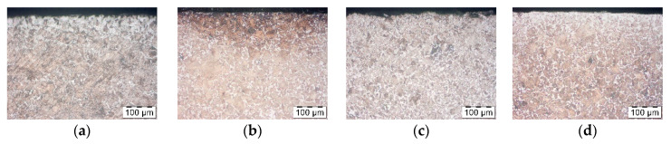Four C45 micrographs beneath the treated surfaces show different light ferrite distributions along the edge, with 100 micrometre scale bars.