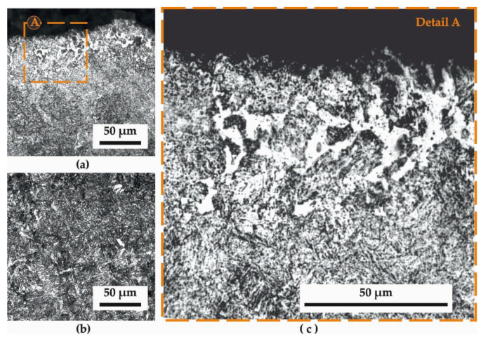 51CrV4 optical micrographs show the near-surface region, interior and enlarged edge detail with original 50 micrometre scale bars.