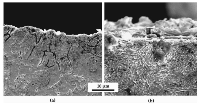 Two SEM cross-sections compare the surface of heat-treated 51CrV4 with the surface after additional stress shot peening.