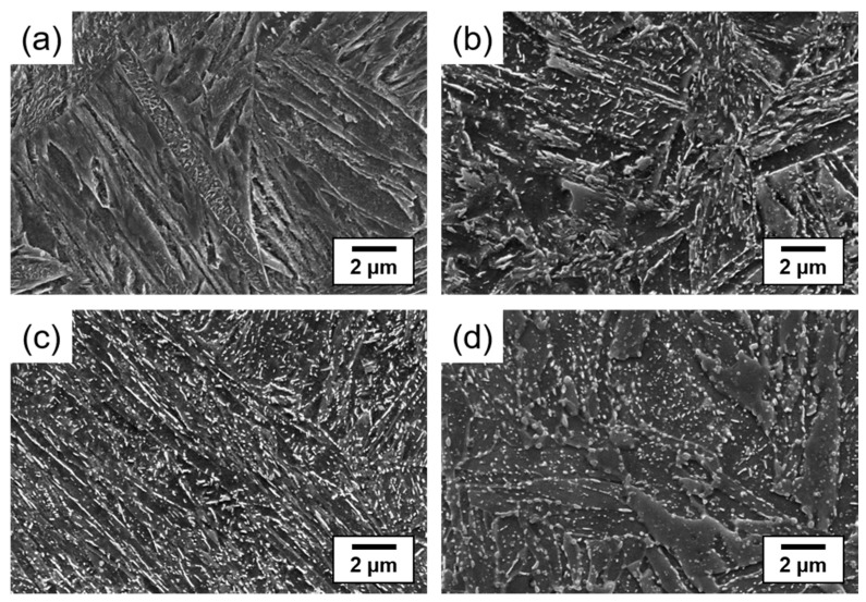 SEM images of SCM440: (a) as-quenched, (b) tempered at 300 degrees Celsius, (c) at 450 degrees Celsius, and (d) at 600 degrees Celsius; original 2 micrometre scale bars retained.
