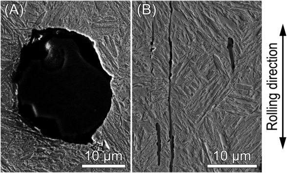 Compact aluminate and elongated sulfide in Ck45M steel, each with a 10 micrometre scale bar and a rolling-direction arrow.